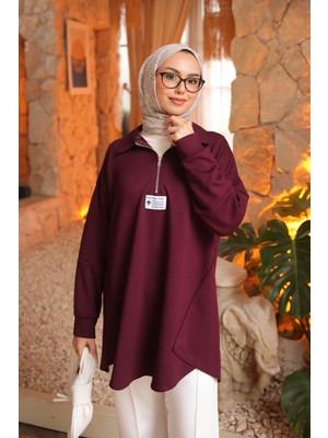 İmaj Butik Mürdüm Yarım Fermuarlı Armalı Dikiş Detaylı Modal Tunik