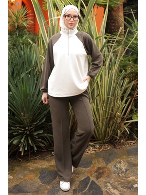 İmaj Butik Haki Fermuarlı Garnili Sweat  Pantolonlu Takım