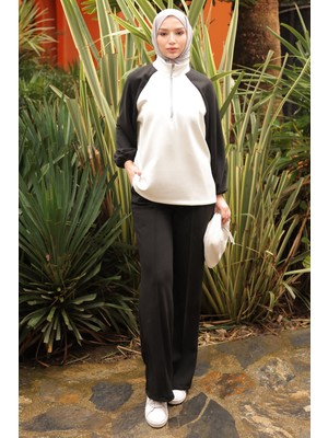 İmaj Butik Siyah Fermuarlı Garnili Sweat  Pantolonlu Takım