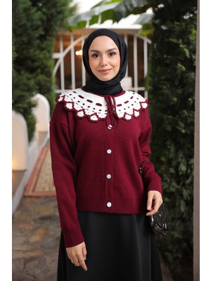İmaj Butik Bordo Yaka Dantel Detaylı Düğmeli Triko Hırka
