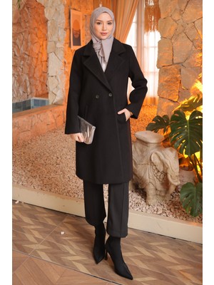 İmaj Butik Siyah Kruvaze Yaka Astarlı  Kaşe Kaban