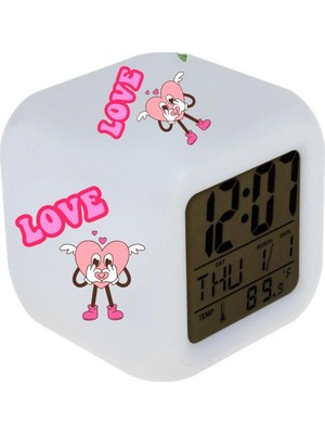 Hediye Vakti Love Tasarımlı 7 Renk Değiştiren LED Küp Dijital Saat | Dekoratif Işıklı Masa Saati