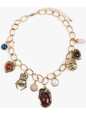 Çelik Karışımlı Taş Detaylı Kalp Charmlı Zincir Kolye - Koton x Melis Ağazat