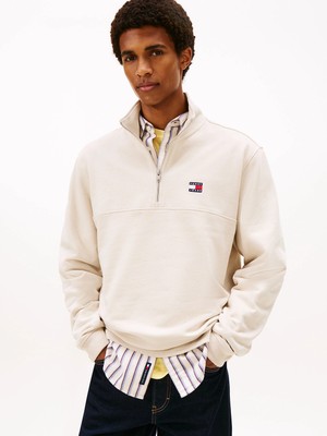 Tommy Hilfiger Tjm Normal Kesim Armalı Yarım Fermuarlı Erkek Beyaz Sweatshirt DM0DM22344YBH
