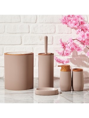 Matmel Bath Ahşap Desenli 5 Li Banyo Seti - Bej