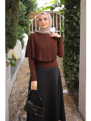 İmaj Butik Kahverengi Pelerin Detaylı Fitilli Triko Kazak