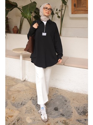 İmaj Butik Siyah Yarım Fermuarlı Armalı Dikiş Detaylı Modal Tunik