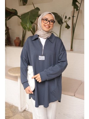 İmaj Butik Antrasit Yarım Fermuarlı Armalı Dikiş Detaylı Modal Tunik