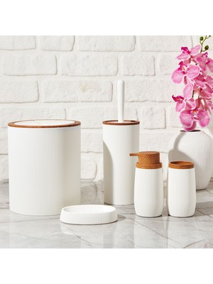 Matmel Bath Ahşap Desenli 5 Li Banyo Seti - Beyaz