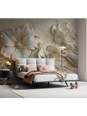 Grown 3D Bej Renkli Çiçek Duvar Kağıdı
