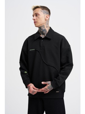 Machinist Erkek Distressed Stitch Polo Sweatshirt Siyah