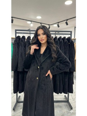 Ribana Classic Kadın Ceket Yaka Kürklü Yakası Düğme Detaylı Astarlı Kuşaklı Uzun Kaban