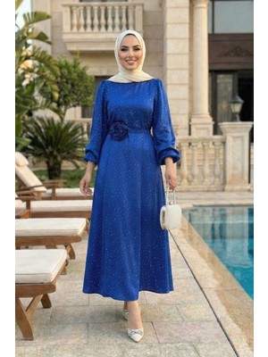 Kadın Inci Detaylı Kuşaklı Mavi Saten Elbise