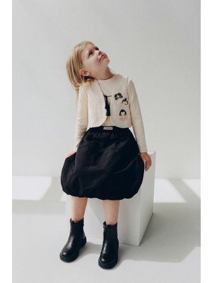 Magu Kız Çocuk Pamuklu Ekru Siyah Aplikeli Yelek Etek Takım - 3'lü