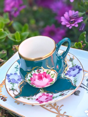 Manushum El Boyama Porselen Osmanlı Saray Kahve Fincanı-Zümrüt Yeşil 1 Adet