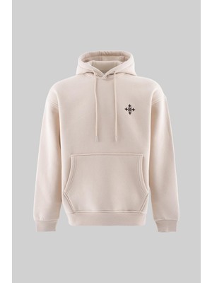 Machinist Erkek Ornamental Nakışlı Şardonlu Kapüşonlu Sweatshirt Açık Bej