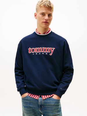 Tommy Hilfiger Tjm 90'lar Dokulu Grafik Baskılı Bisiklet Yaka Erkek Mavi Sweatshirt DM0DM22373C1G