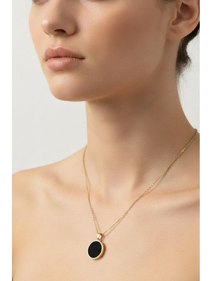 Pukka Accessories Kişiye Özel Lazer Kazımalı Yuvarlak Siyah Taşlı Gold Kolye