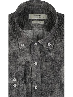 Jakamen Gri Comfort Fit Gofre Kumaş Düğmeli Yaka Desenli Gömlek