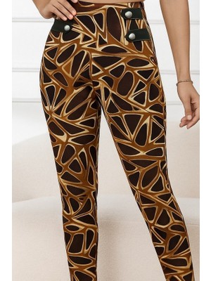 End Black Store Kadın Yüksek Bel Kaz Ayağı Desenli Yan şerit Düğme Detaylı Dalgıç Pantolon