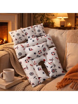 SerSev %100 Pamuk Müslin Sırt Destekli Puset Minderi Denizci & Marina Desenli Terletmez Puset Minderi