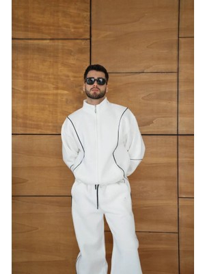 Erkek Premium Parçalı Eşofman Takım - Dik Yaka Fermuarlı Biyeli Sweatshirt Lastik Paça Alt, Oversize 3 Iplik Şardonlu - Beyaz