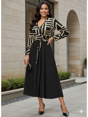 Kadın Uzun Kollu Kruvaze Yaka Dalgıç Krep Midi Boy Elbise