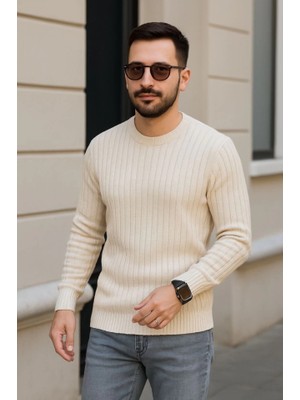 Erkek Bisiklet Yuvarlak Yaka Triko Kazak Pamuklu Kalın Fitilli Dokuma, Regular Fit Uzun Kollu Kışlık Model - Bej