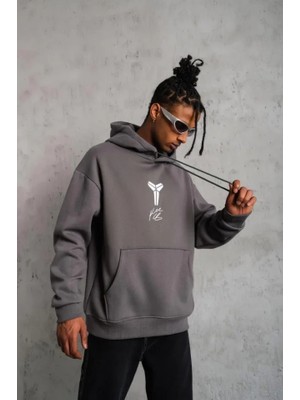 Erkek Baskılı Kapüşonlu Sweat - Gri