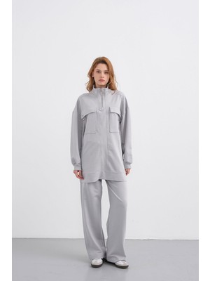Boyalı Gri Kadın Dik Yaka Yarım Fermuarlı Cep Detaylı Bol Paça Örme Alt-Üst Takım