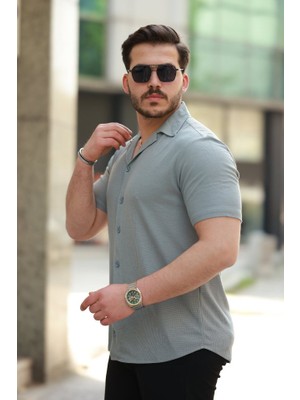 Erkek Apaç Yaka Örme Kumaş Kısa Kollu Gömlek