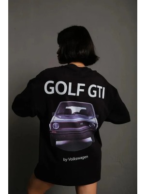 Oversize Baskılı Tişört – Golf Gtı Retro Araba Desenli, Ön - Arka Dijital Baskı, Sokak Modası Stil - Siyah
