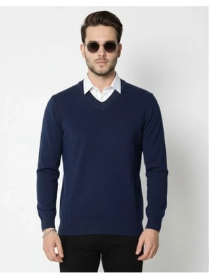 Erkek V Yaka Triko Kazak Yumuşak Dokulu Pamuklu Ince Dokuma, Uzun Kollu Rahat Regular Kalıp - Lacivert