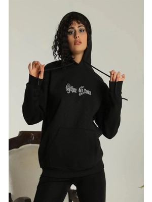 Oversize Üç Iplik Kapüşonlu Sweatshirt – Siyah “other Lives” Ön ve Arka Baskılı, Şardonlu Kışlık, Rahat Günlük Model Siiyah
