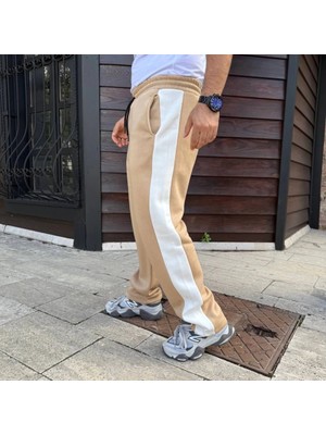 Erkek Üç Iplik Kışlık Pamuklu Yandan Garneli Kalın Şeritli Cepli Eşofman Altı - Bej