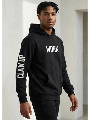 CLAW UP WORK Oversıze Hoodıe | Blackout Up Work Baskılı (Unisex Pamuklu Yumuşak Dokulu Geniş Kesim Siyah Kapüşonlu Sweatshirt)