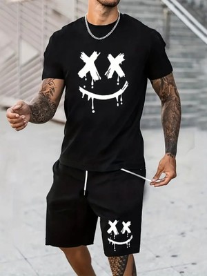 Erkek Kısa Kollu Bisiklet Yaka Baskılı Tişört Ipli Short Iki Iplik Takım