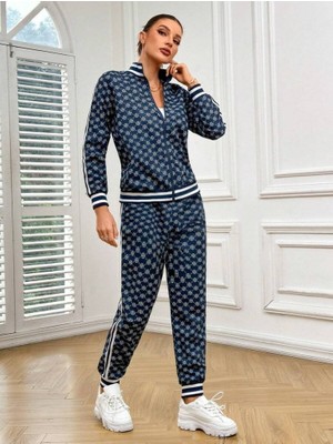 Kadın Uzun Kollu Önden Fermuarlı Desenli Iki Iplik Bluz ve Pantolon Ikili Takım
