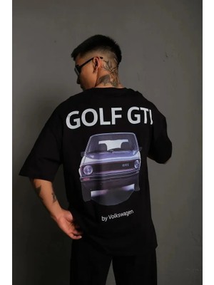 Erkek Oversize Baskılı Tişört – Golf Gtı Retro Araba Desenli, Ön - Arka Dijital Baskı, Sokak Modası Stil - Siyah