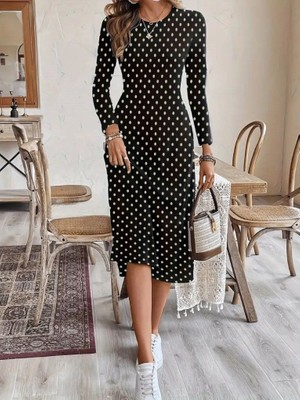 Kadın Uzun Kollu Bisiklet Yaka Puantiyeli Örme Krep Midi Elbise