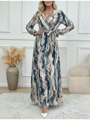 Kadın Uzun Kollu Kruvaze Yakalı Beli Kuşaklı Desenli Süprem Maxi Elbise