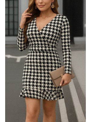 Kadın Uzun Kollu Kruvaze Yaka Kazayağı Mikro Mini Boy Elbise