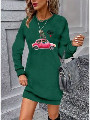 Kadın Uzun Kollu Bisiklet Yaka Desenli Viskon Iki Iplik Elbise