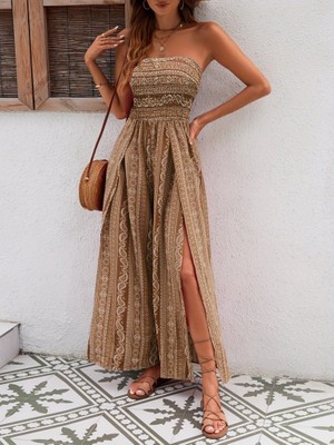 Kadın Yakası Gipe Detaylı Önden Yırtmaç Detaylı Desenli Süprem Pantolun Etek Tulum