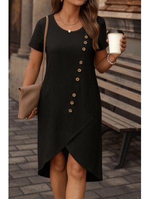 Kadın Kısa Kollu Bisiklet Yaka Düğme Detay Müslim Elbise