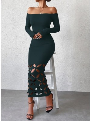 Kadın Madonna Yaka Uzun Kollu Lazer Çiçek Kesim Detaylı Uzun Ithal Krep Elbise