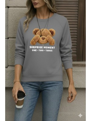 Kadın Uzun Kollu Bisiklet Yaka Ayıcık Desenli Viskon Iki Iplik Bluz