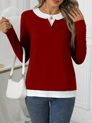 Kadın Uzun Kollu V Yakalı Çift Renkli Viskon Iki Iplik Bluz