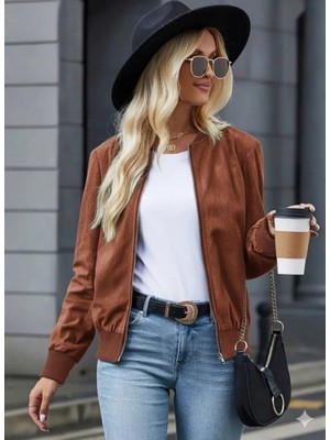 Kadın Uzun Kollu Önden Fermuarlı Süet Ceket