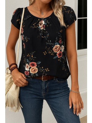 Kadın Kısa Kollu Bisiklet Yaka Çiçek Baskılı Süprem Bluz